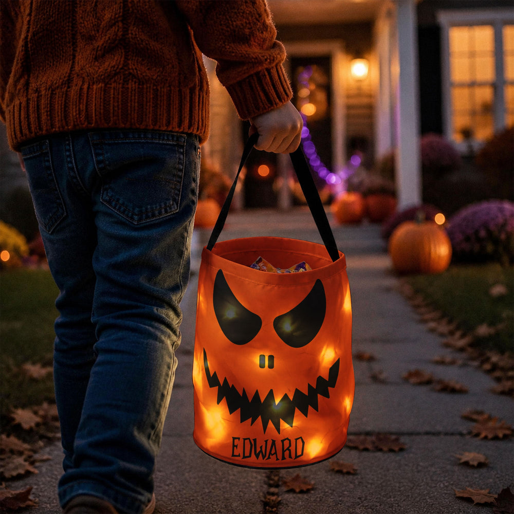 Personalized LED Halloween Candy Bag - Custom Pumpkin Trick or Treat Basket