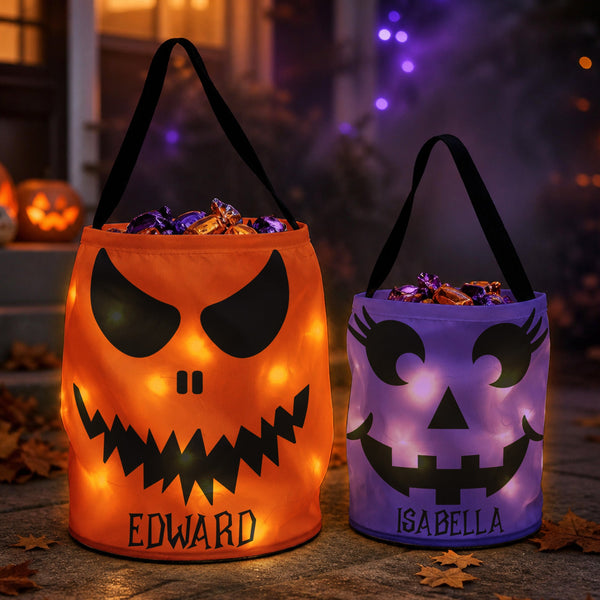 Personalized LED Halloween Candy Bag - Custom Pumpkin Trick or Treat Basket