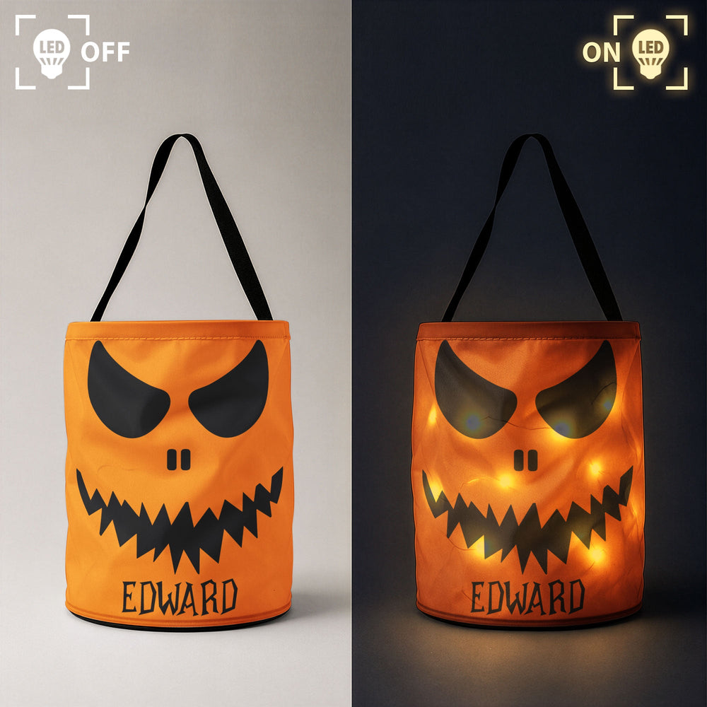 Personalized LED Halloween Candy Bag - Custom Pumpkin Trick or Treat Basket