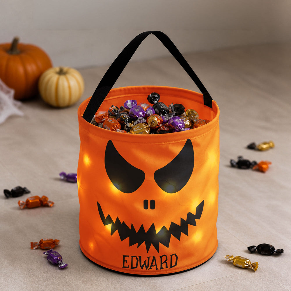Personalized LED Halloween Candy Bag - Custom Pumpkin Trick or Treat Basket