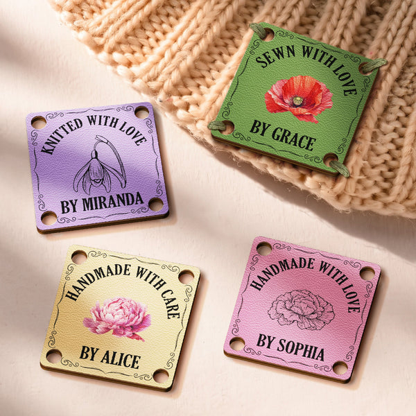 Custom Birth Flower Leather Buttons - Personalized Name Tags for Knitting