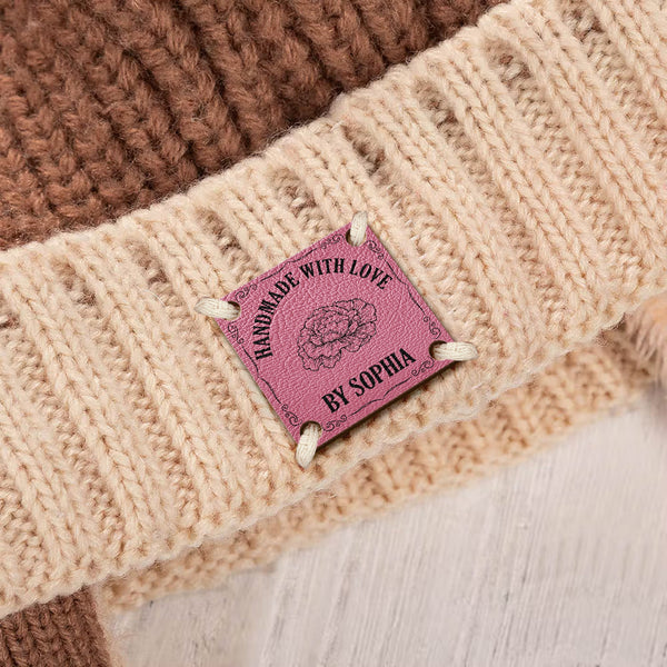 Custom Birth Flower Leather Buttons - Personalized Name Tags for Knitting