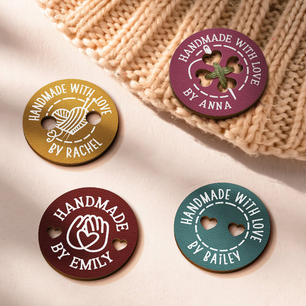 Custom Handmade With Love Leather Buttons - Personalized Tags for Knitting
