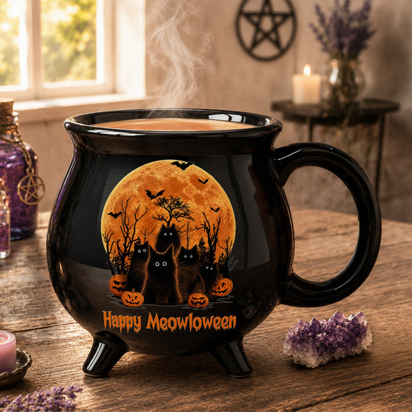 Personalized Happy Meowloween Black Cat Cauldron Mug - Custom Cat Lover Gift