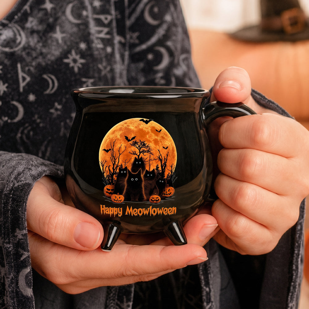Personalized Happy Meowloween Black Cat Cauldron Mug - Custom Cat Lover Gift