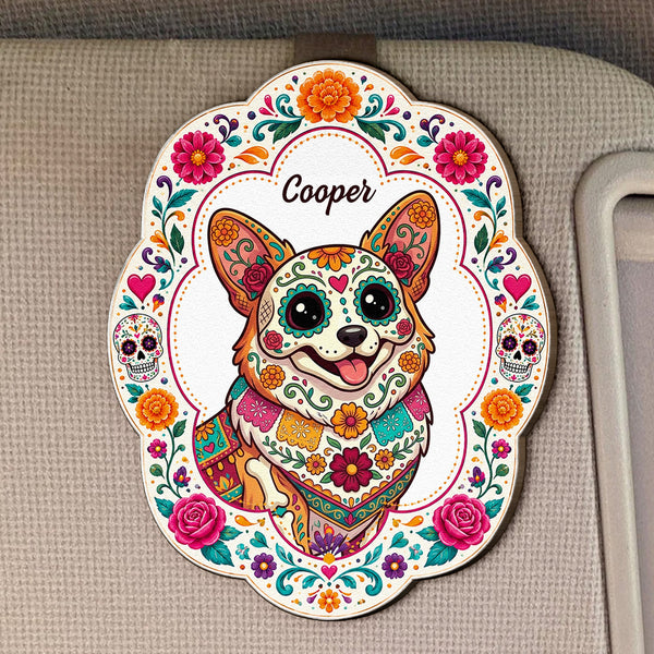Hispanic Floral Pet Day Of The Dead Gifts For Pet Owners - Personalized Car Visor Clip