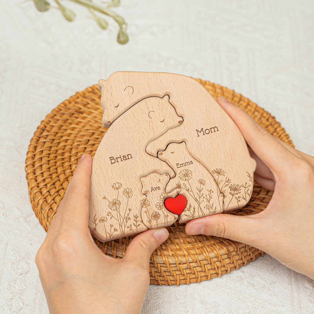 Hugging Bear Family Floral Version - Personalized Wooden Bear Family Puzzle - Gift For Mom