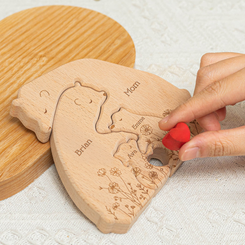 Hugging Bear Family Floral Version - Personalized Wooden Bear Family Puzzle - Gift For Mom