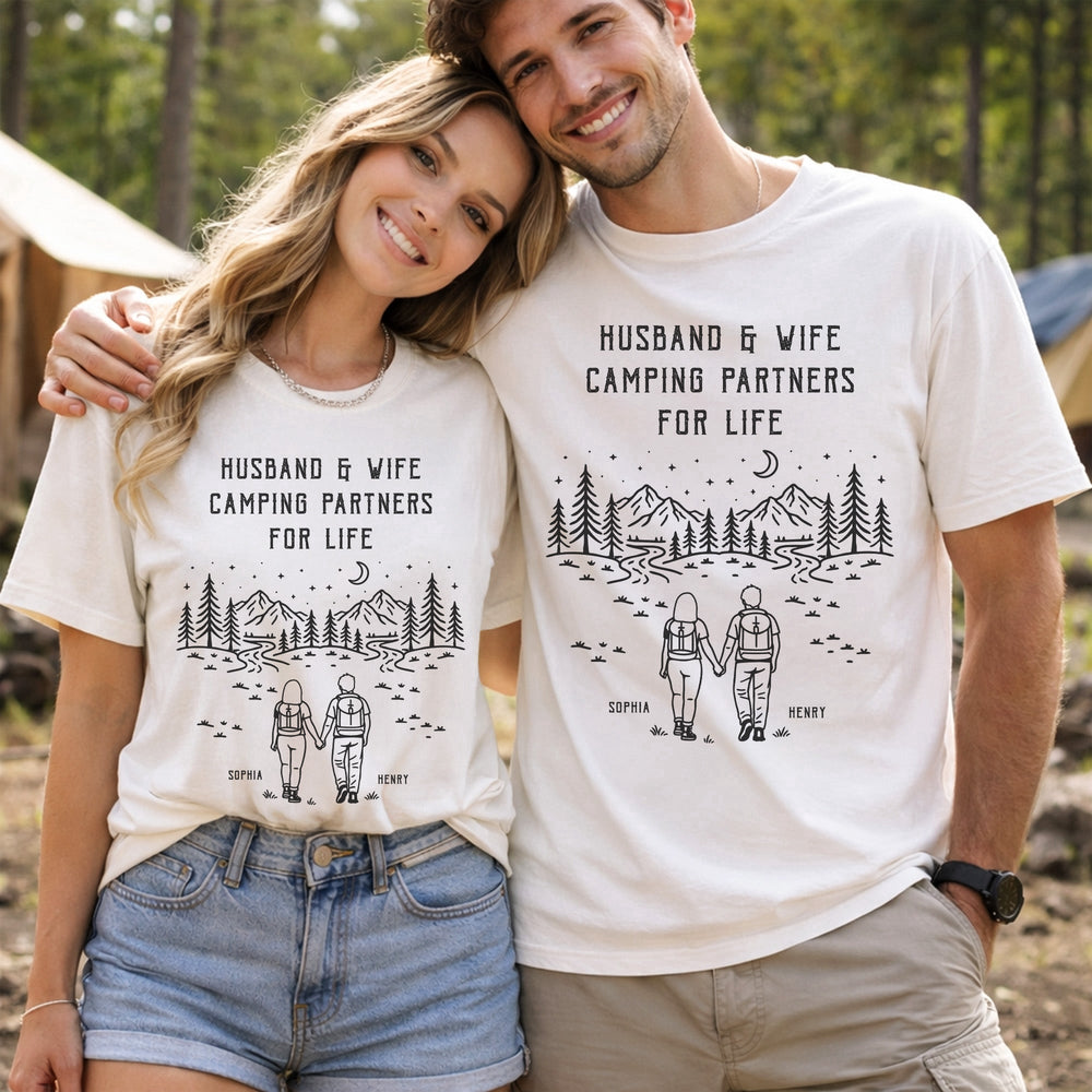 Husband And Wife Camping Partners For Life - Personalized Couple Matching Comfort Tee