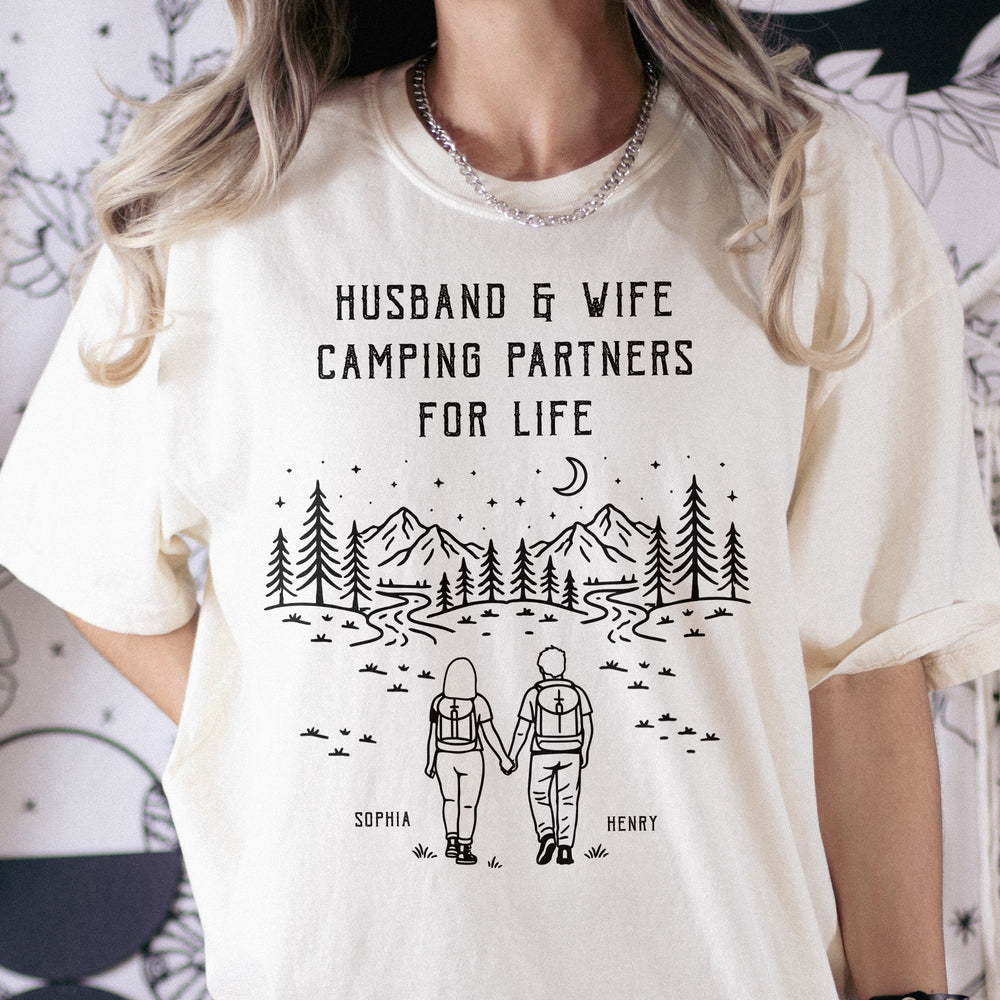 Husband And Wife Camping Partners For Life - Personalized Couple Matching Comfort Tee