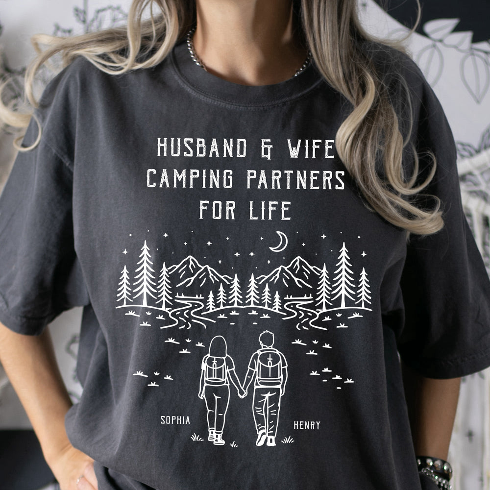 Husband And Wife Camping Partners For Life - Personalized Couple Matching Comfort Tee