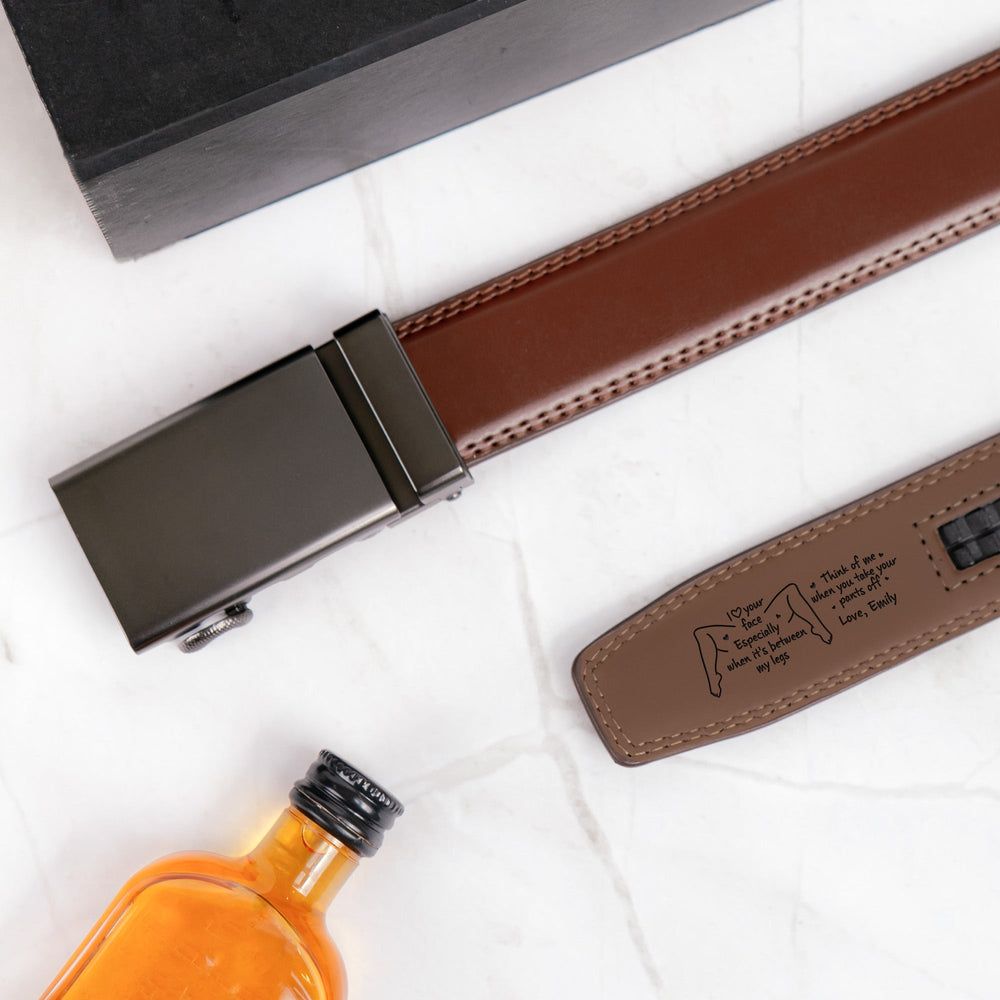I Love Your Face Especially When It's Between My Legs - Naughty Gift For Him - Personalized Leather Belt With Engraved Buckle