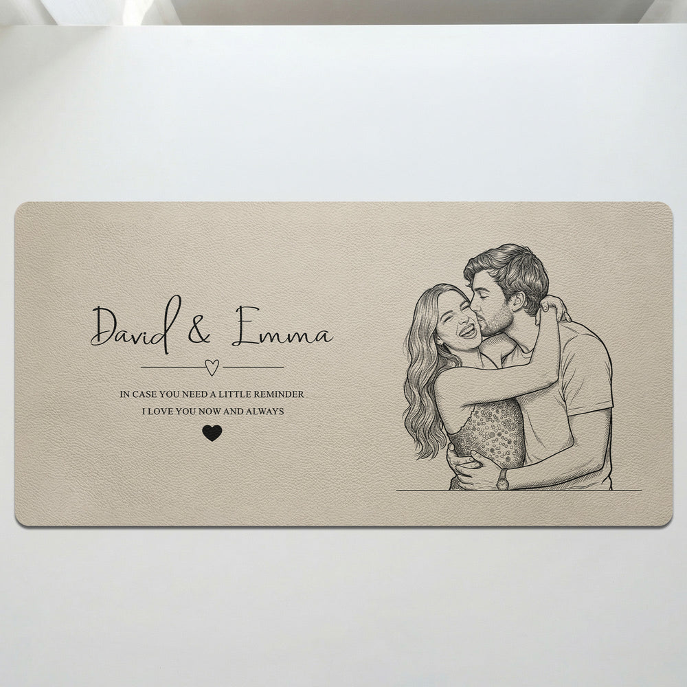 I Love You Now And Always Couple Photo Sketch Line Art - Personalized Desk Mat | Romantic Couple Gift