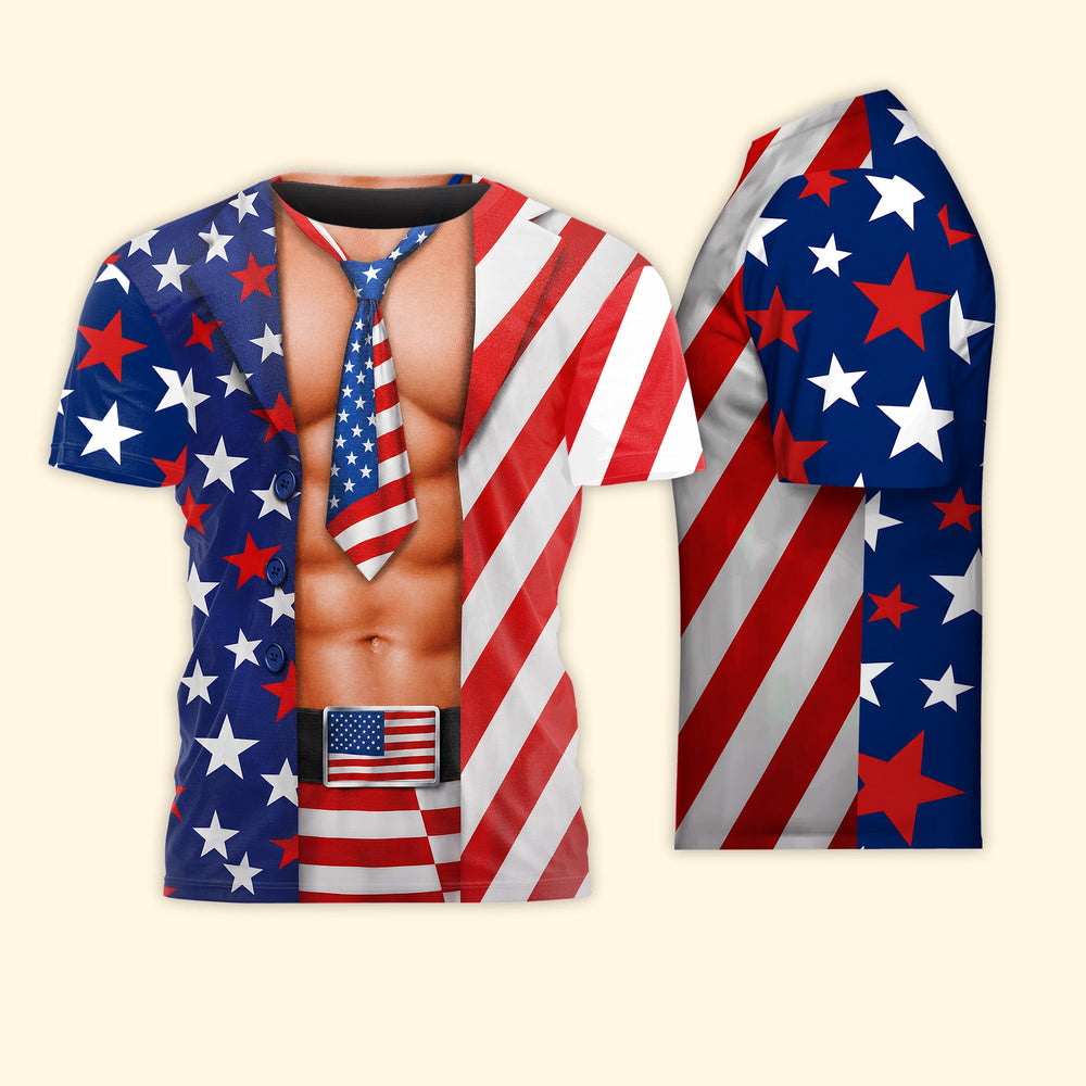 Funny 3D USA Bikini Graphic Shirt - Patriotic 4th of July Couple Gag Gift