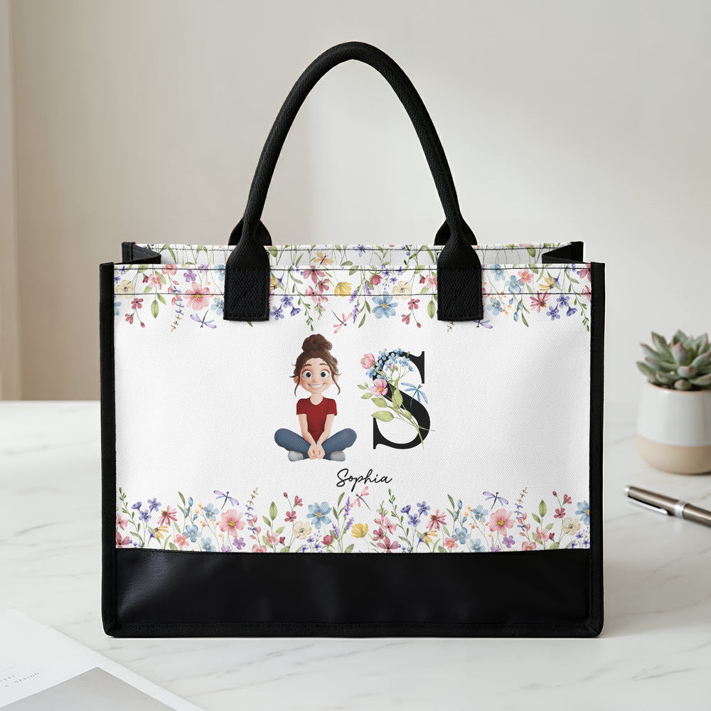 Initial Name With Floral - Personalized Tote Bag