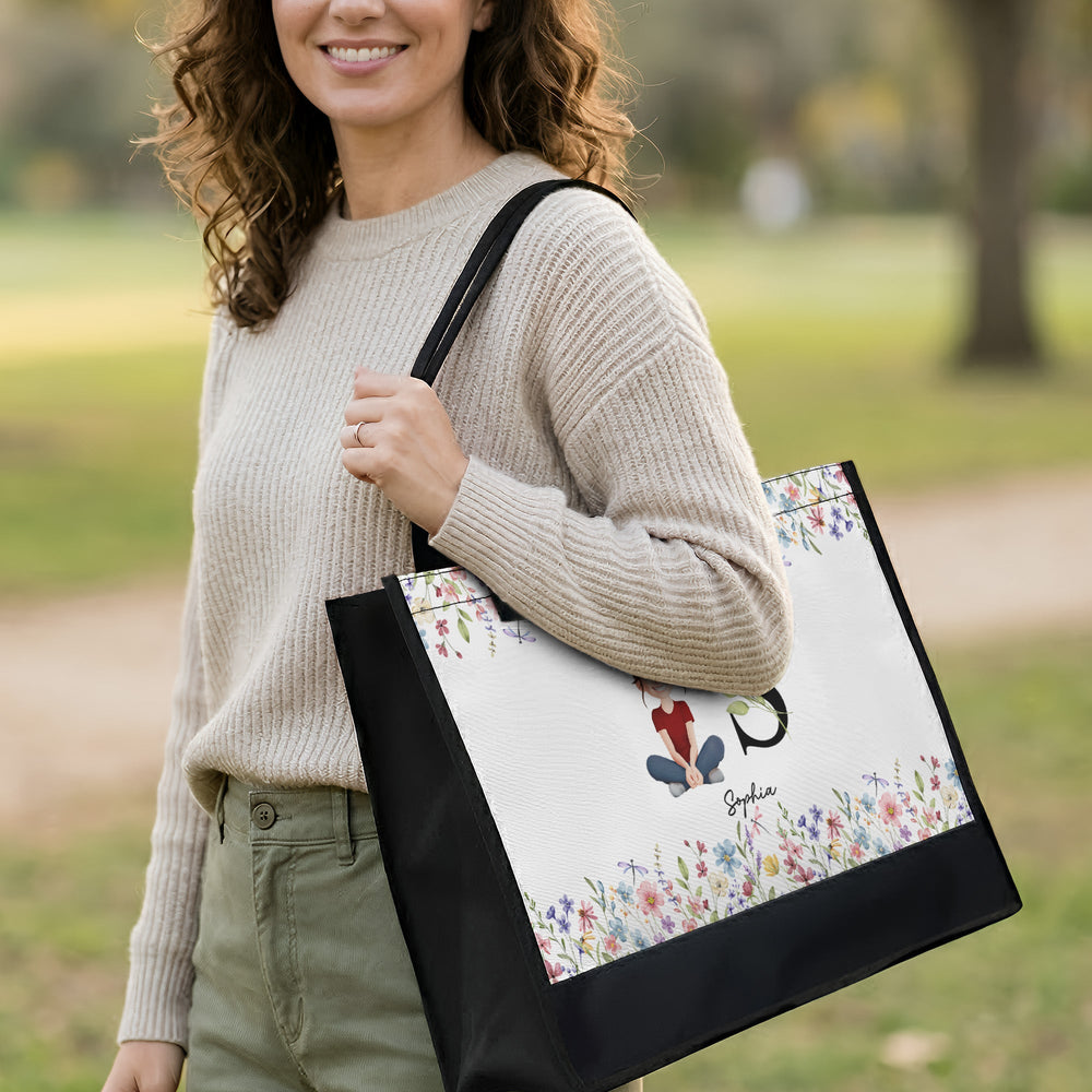 Initial Name With Floral - Personalized Tote Bag
