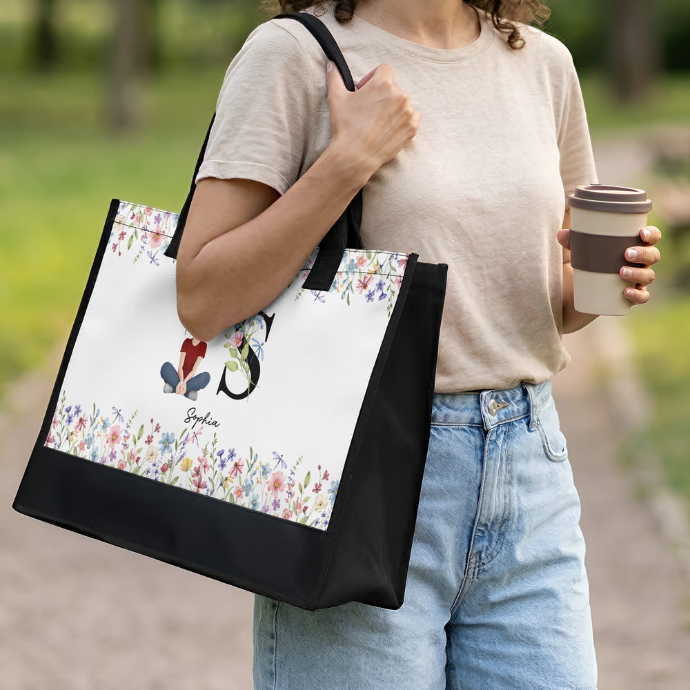 Initial Name With Floral - Personalized Tote Bag