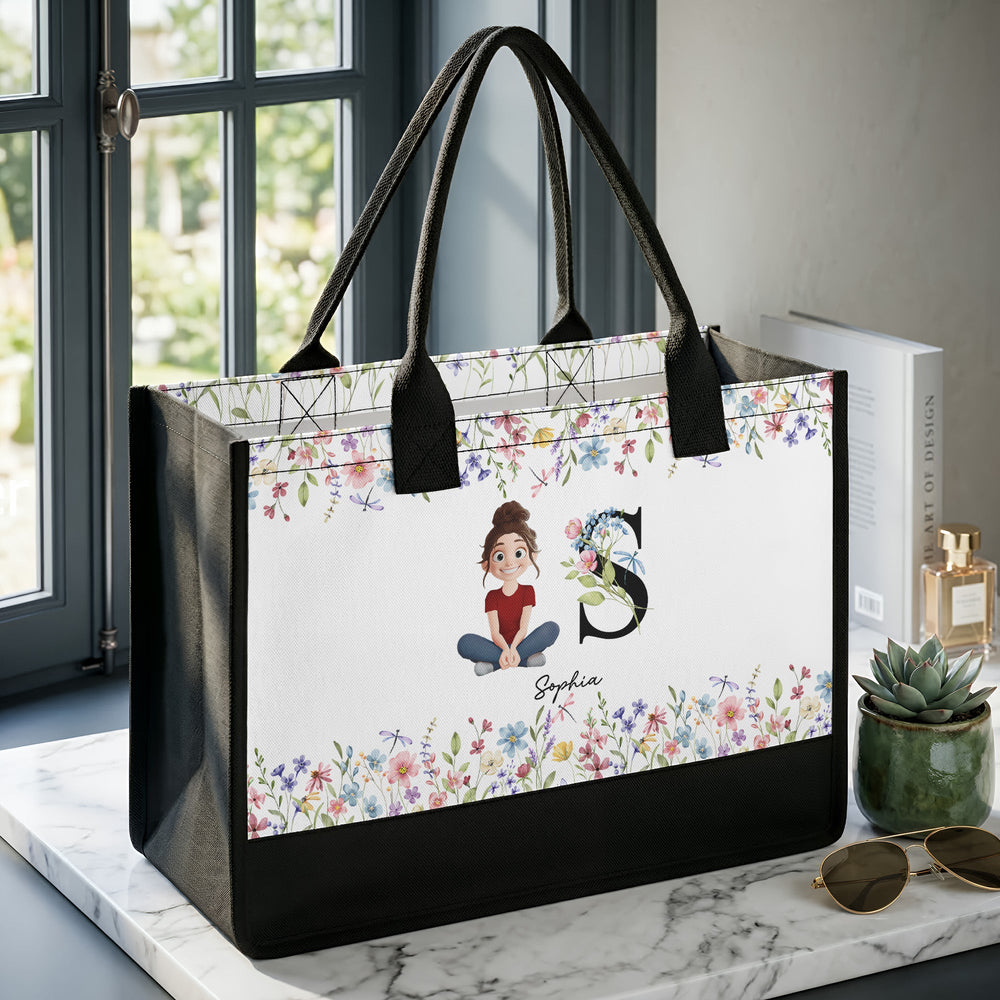 Initial Name With Floral - Personalized Tote Bag