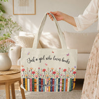 Just A Girl Who Loves Books - Custom Name, Quote & Birth Flower - Personalized Tote Bag
