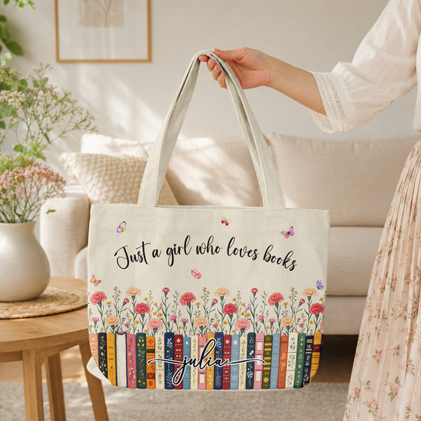 Just A Girl Who Loves Books - Custom Name, Quote & Birth Flower - Personalized Tote Bag