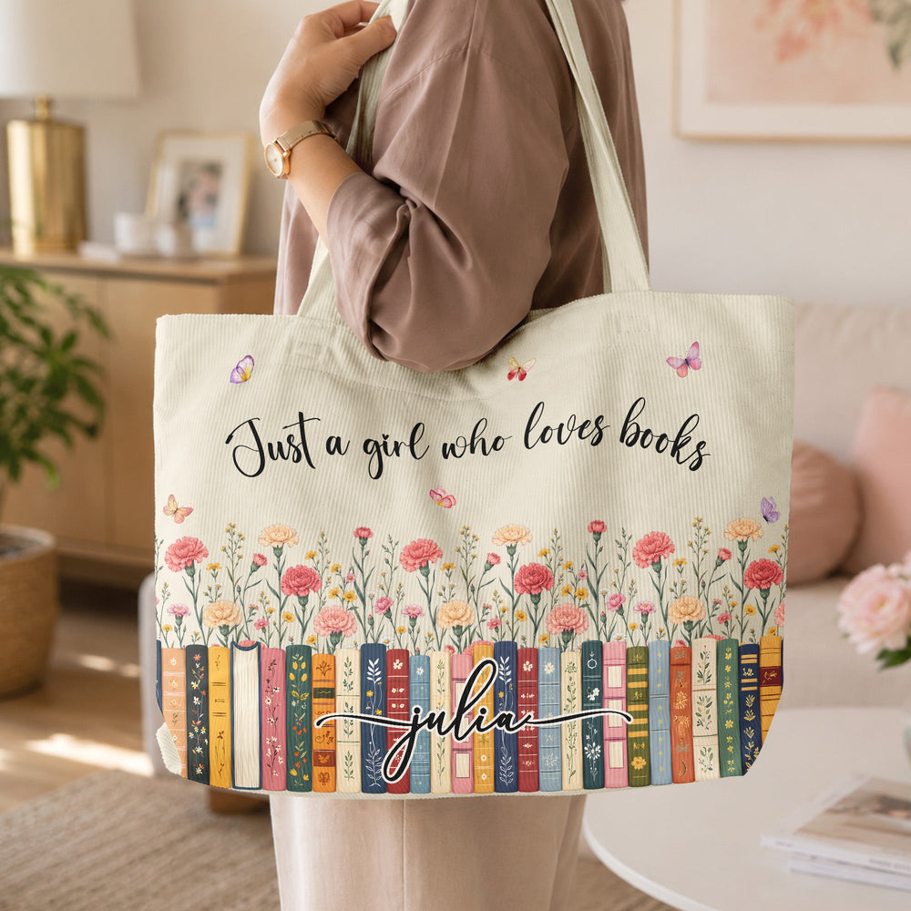 Just A Girl Who Loves Books - Custom Name, Quote & Birth Flower - Personalized Tote Bag