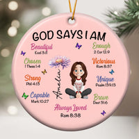 God Says I Am - Personalized Birth Flower Ceramic Ornament, Custom Affirmation Gift for Kids