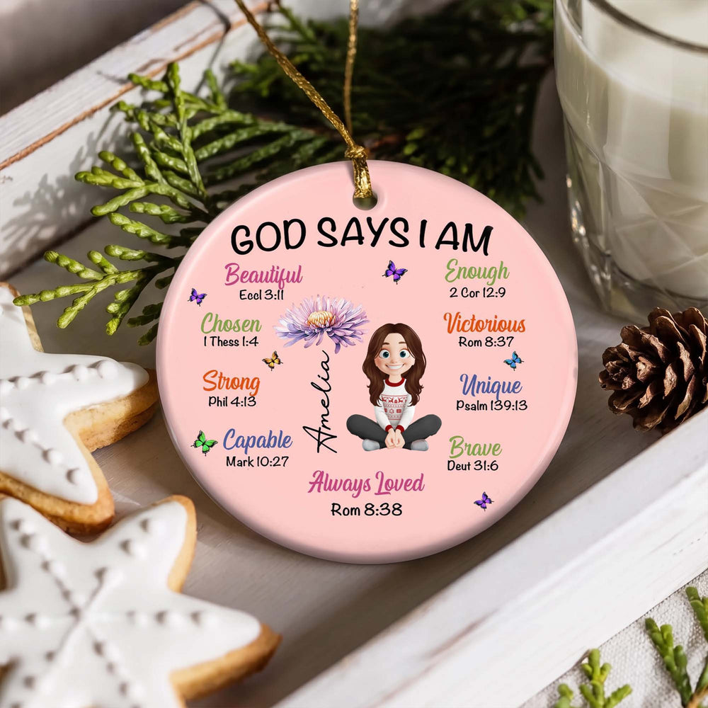 God Says I Am - Personalized Birth Flower Ceramic Ornament, Custom Affirmation Gift for Kids