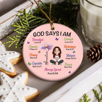 God Says I Am - Personalized Birth Flower Ceramic Ornament, Custom Affirmation Gift for Kids
