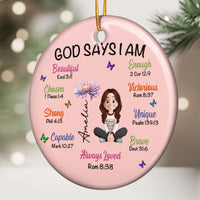 God Says I Am - Personalized Birth Flower Ceramic Ornament, Custom Affirmation Gift for Kids