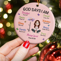 God Says I Am - Personalized Birth Flower Ceramic Ornament, Custom Affirmation Gift for Kids