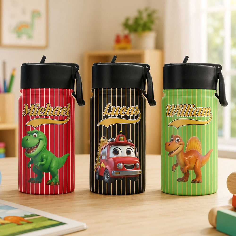 Kid Cartoon Dinosaurus Vehicles - Personalized Water Bottle