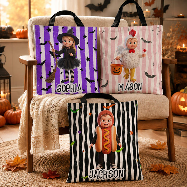 Kid Halloween Custom Cartoon Character Trick Or Treat Personalized Tote Bag