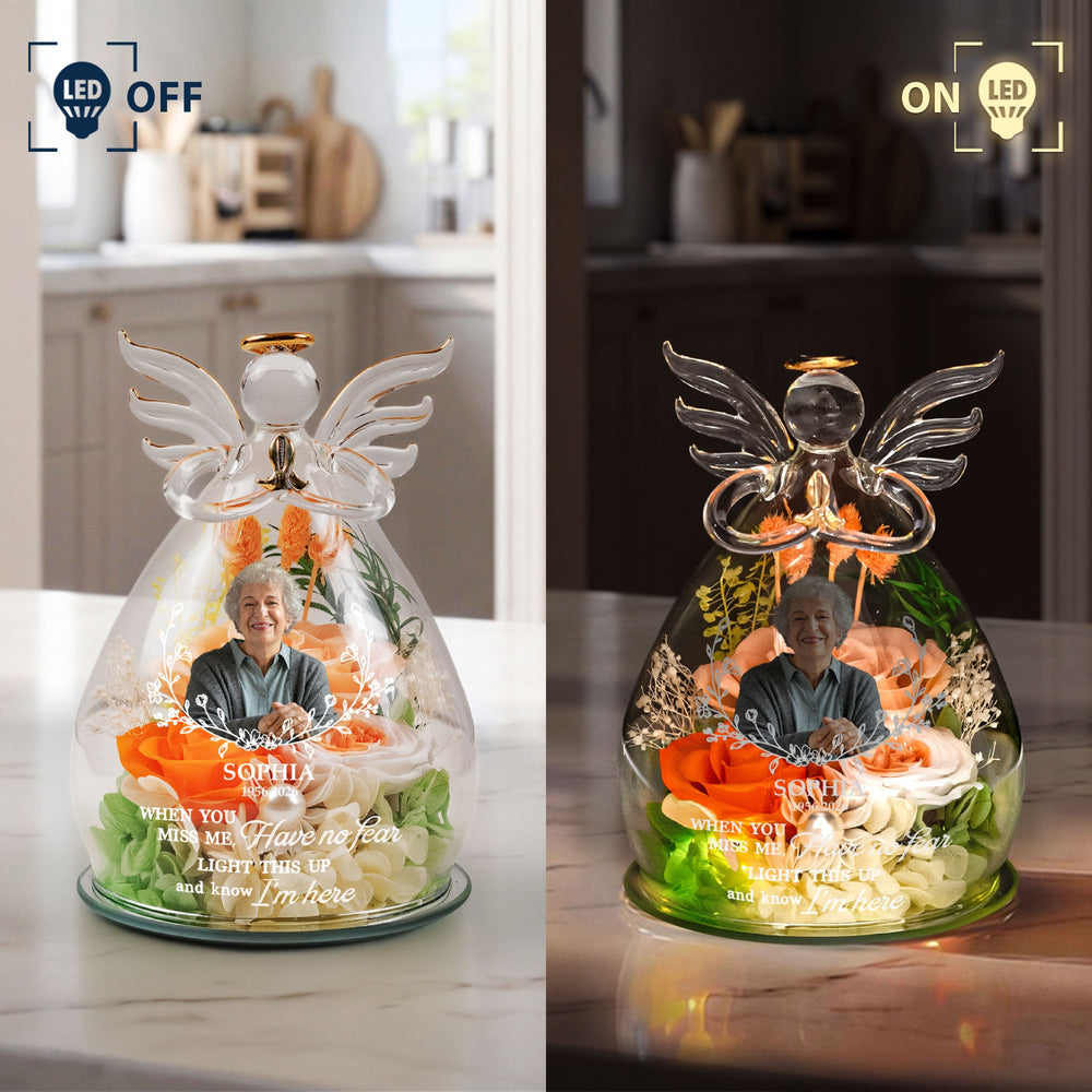 Light This Up And Know I'm Here Memorial Gift - Personalized Flower In Glass Angel Figurines