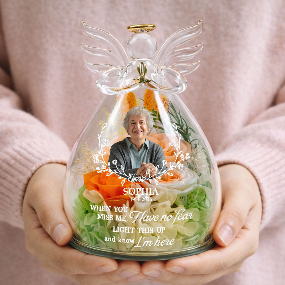 Light This Up And Know I'm Here Memorial Gift - Personalized Flower In Glass Angel Figurines