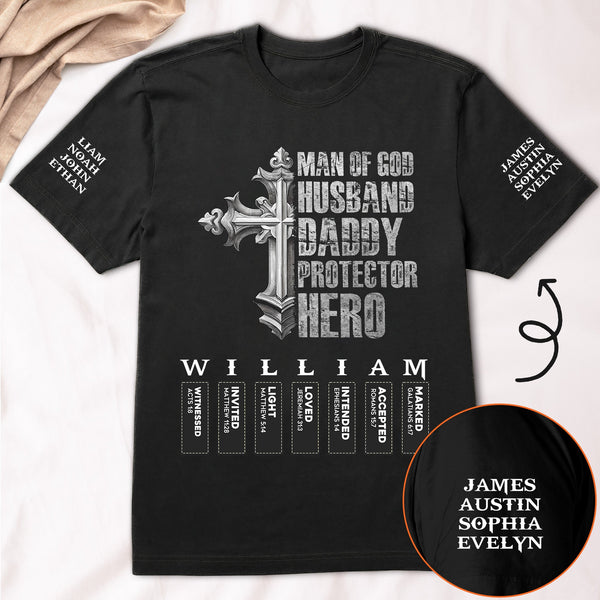Man Of God Husband Daddy Protector Hero Name Letter Bible - Personalized Shirt