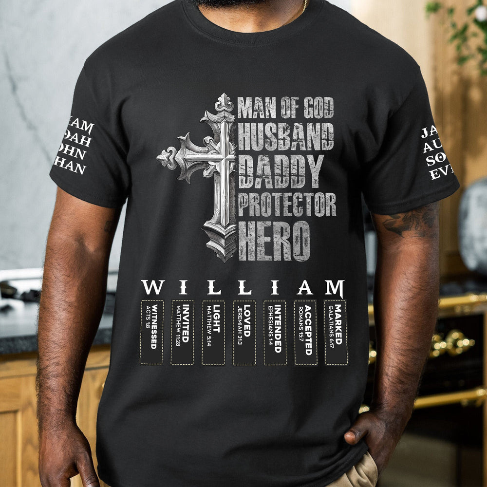 Man Of God Husband Daddy Protector Hero Name Letter Bible - Personalized Shirt
