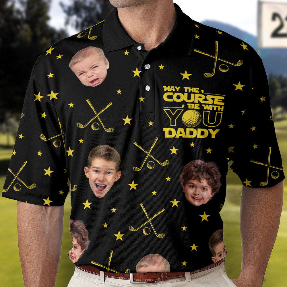 Father's Day Gifts, May The Course Be With You Daddy - Custom Faces - Personalized Photo Polo Shirt