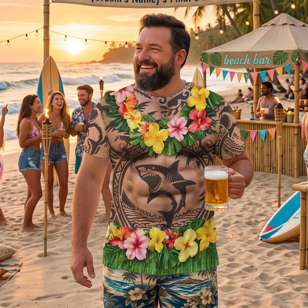 Funny 3D Muscular Tattoo Hawaiian T-Shirt - Summer Beach & Bachelor Party Shirt