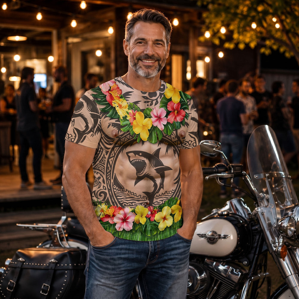Funny 3D Muscular Tattoo Hawaiian T-Shirt - Summer Beach & Bachelor Party Shirt