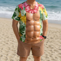 Funny 3D Muscular Chest Hawaiian Shirt - Tropical Floral Beach & Bachelor Party Shirt