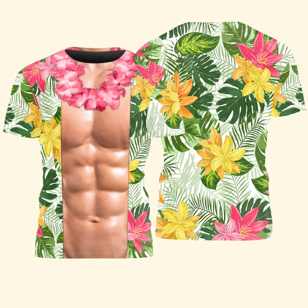 Funny 3D Muscular Chest Hawaiian Shirt - Tropical Floral Beach & Bachelor Party Shirt