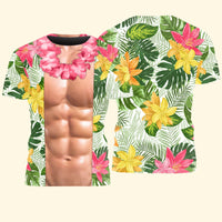 Funny 3D Muscular Chest Hawaiian Shirt - Tropical Floral Beach & Bachelor Party Shirt