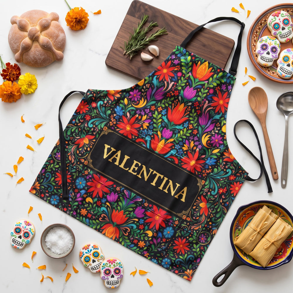 Personalized Mexican Floral Fiesta Apron - Custom Name Cinco De Mayo & Day of the Dead Kitchen Gift