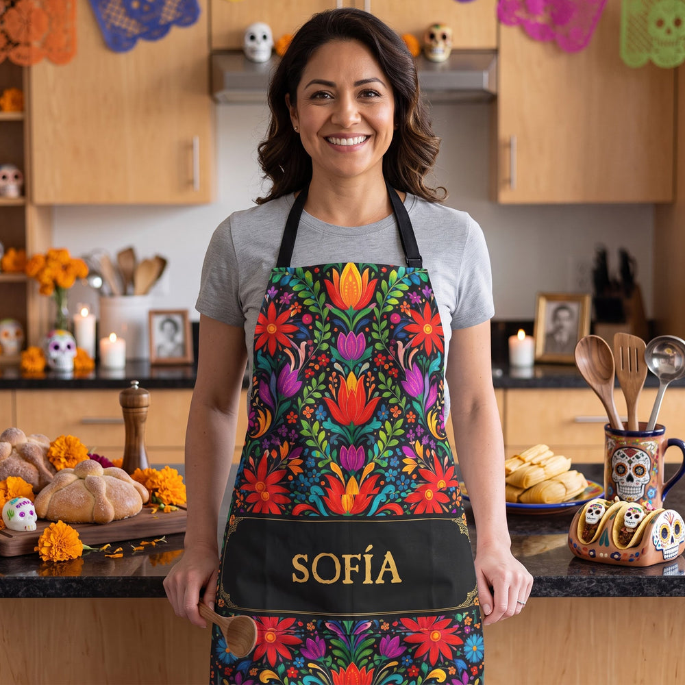 Personalized Mexican Floral Fiesta Apron - Custom Name Cinco De Mayo & Day of the Dead Kitchen Gift