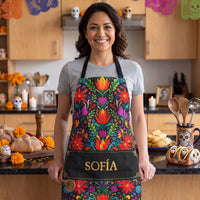 Personalized Mexican Floral Fiesta Apron - Custom Name Cinco De Mayo & Day of the Dead Kitchen Gift