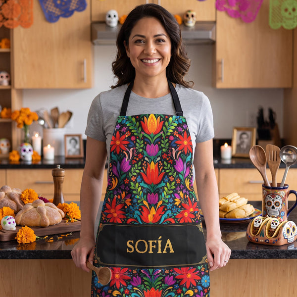Personalized Mexican Floral Fiesta Apron - Custom Name Cinco De Mayo & Day of the Dead Kitchen Gift