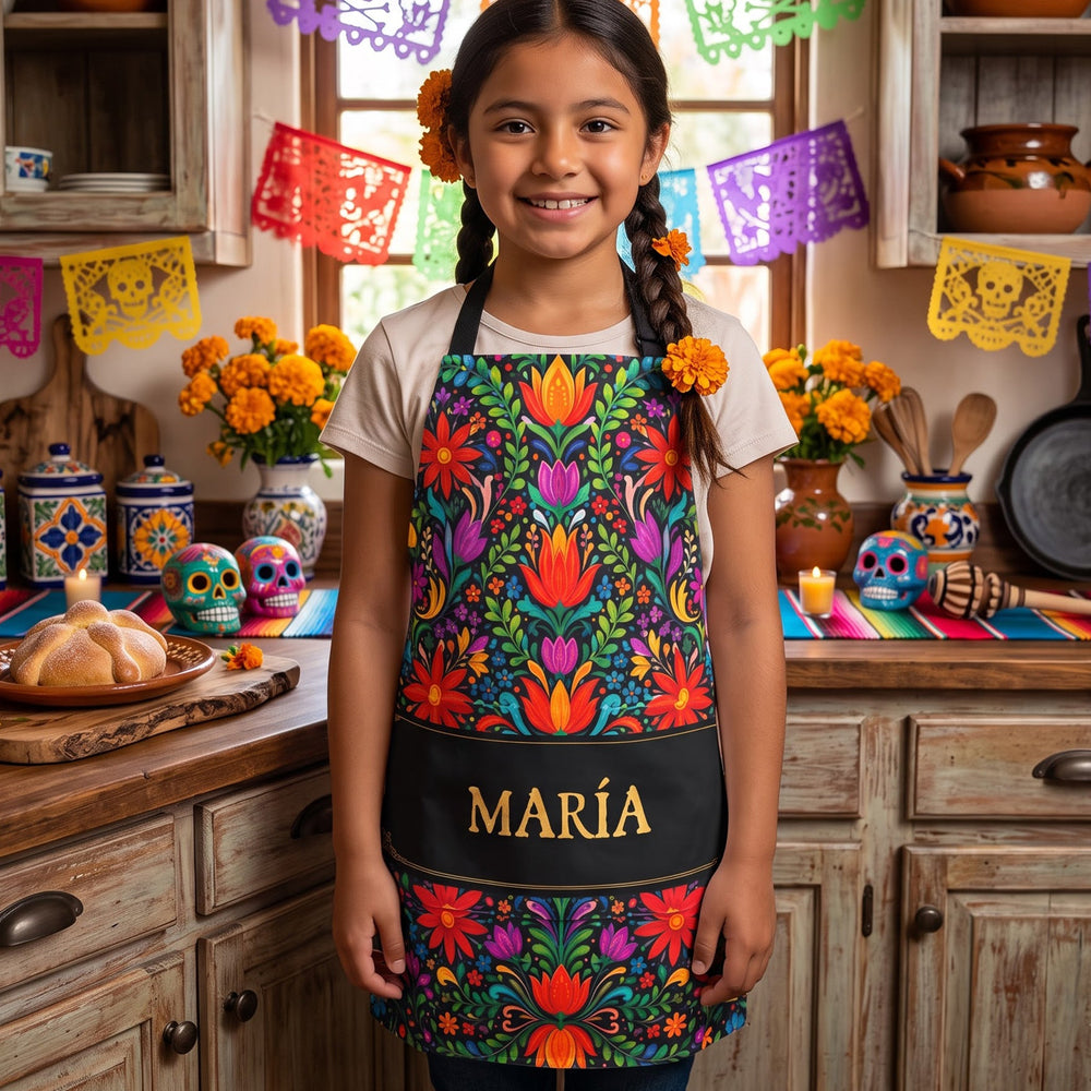 Personalized Mexican Floral Fiesta Apron - Custom Name Cinco De Mayo & Day of the Dead Kitchen Gift