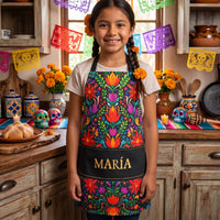 Personalized Mexican Floral Fiesta Apron - Custom Name Cinco De Mayo & Day of the Dead Kitchen Gift