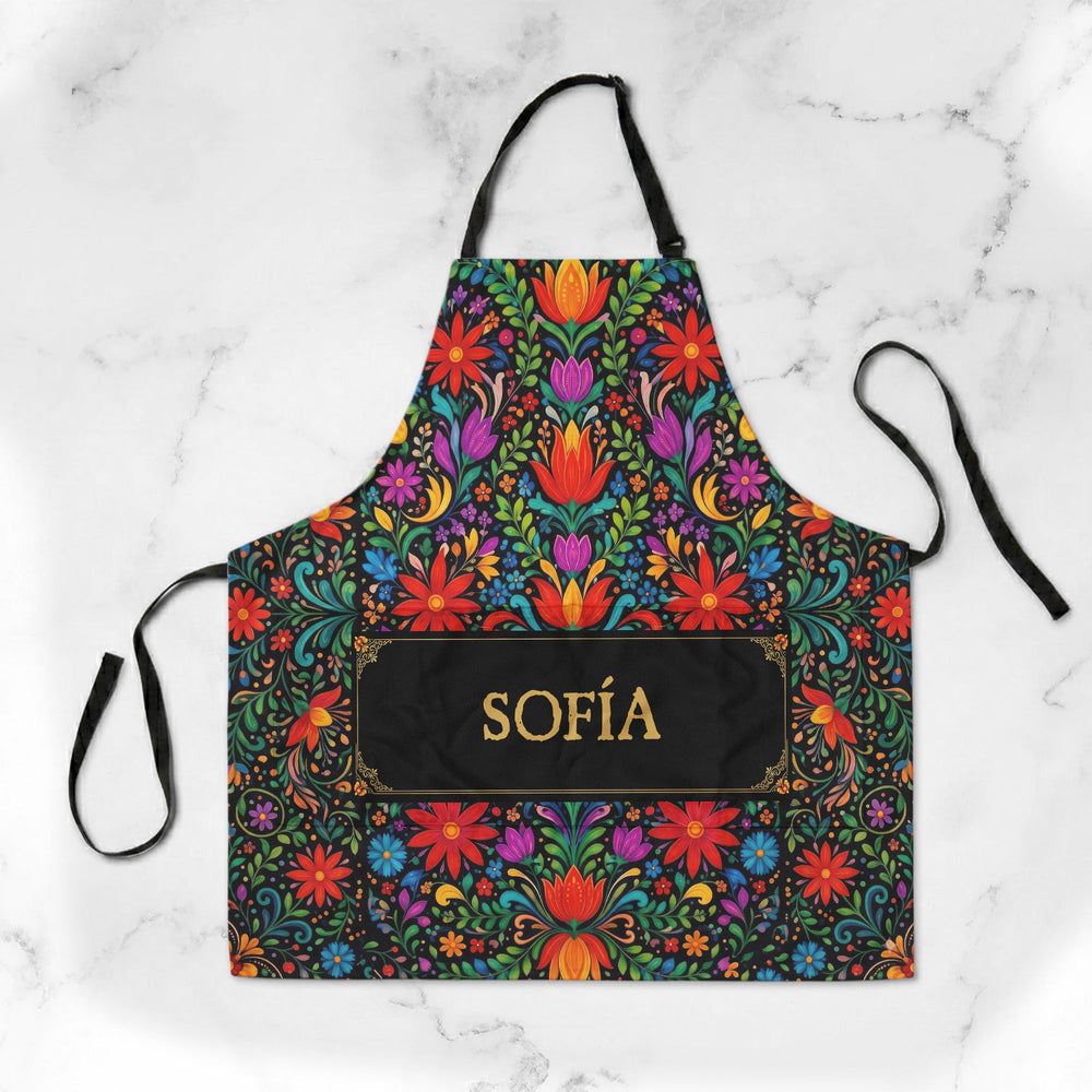 Personalized Mexican Floral Fiesta Apron - Custom Name Cinco De Mayo & Day of the Dead Kitchen Gift