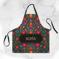 Personalized Mexican Floral Fiesta Apron - Custom Name Cinco De Mayo & Day of the Dead Kitchen Gift